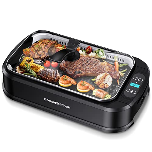 Bonsenkitchen Electric Grill Indoor with Tempered Glass Lid