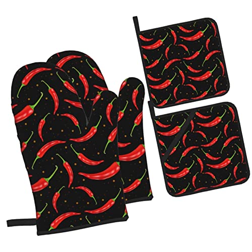 Chili Peppers Oven Mitts and Pot Holders 4pcs Sets
