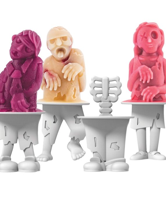 A set of four Tovolo Zombies Ice Pop Molds featuring unique zombie-themed designs, surrounded by frozen popsicles and spooky decorations.