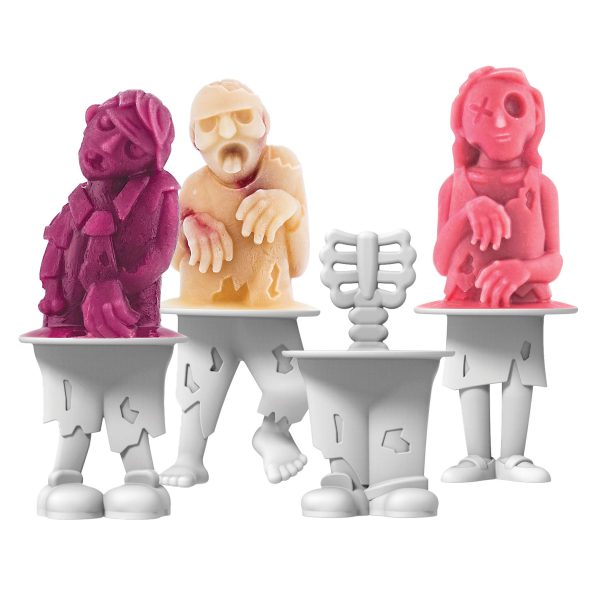 A set of four Tovolo Zombies Ice Pop Molds featuring unique zombie-themed designs, surrounded by frozen popsicles and spooky decorations.