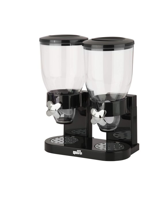 Zevro GAT200 Dual Control Dry Food Dispenser in Black/Chrome, perfect for cereals, nuts, and snacks, shown with twin canisters and easy-to-use twist knobs.