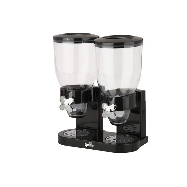 Zevro GAT200 Dual Control Dry Food Dispenser in Black/Chrome, perfect for cereals, nuts, and snacks, shown with twin canisters and easy-to-use twist knobs.