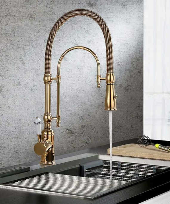 Kitchen Sink Faucet with Porcelain Handle in Polished Gold