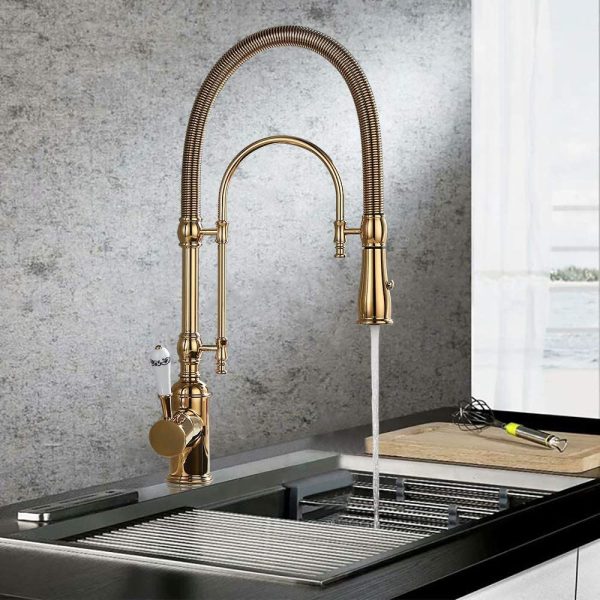 Kitchen Sink Faucet with Porcelain Handle in Polished Gold