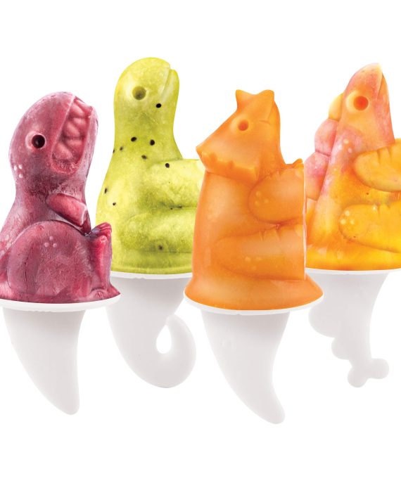 A set of four Tovolo Dino Ice Pop Molds with reusable fossil-shaped sticks, featuring adorable dinosaur designs, perfect for making fun and delicious homemade popsicles.