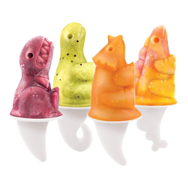 A set of four Tovolo Dino Ice Pop Molds with reusable fossil-shaped sticks, featuring adorable dinosaur designs, perfect for making fun and delicious homemade popsicles.