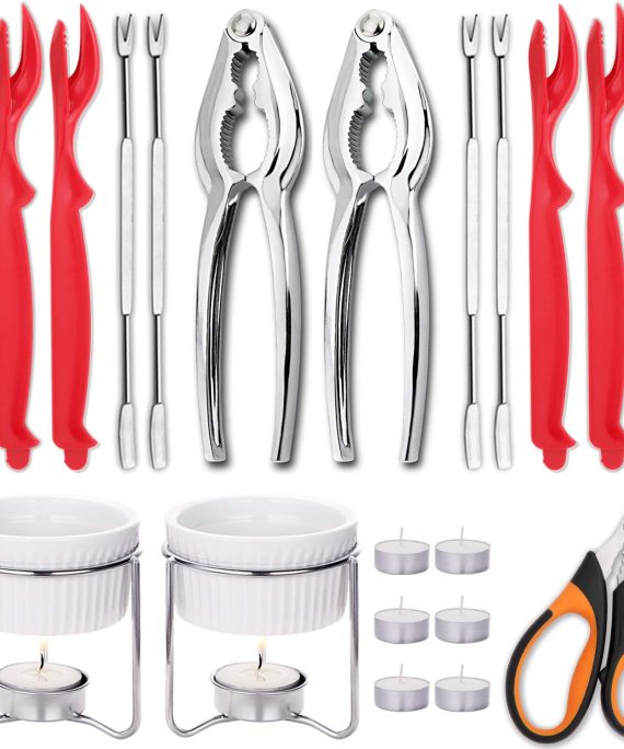 Two sets of Hiware Seafood Tools displayed on a kitchen counter, ready for cracking crab and lobster shells, with butter warmers and tea light candles.