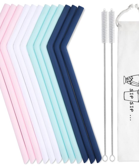 Bright and colorful silicone straws with travel bag and cleaning brushes, designed for tumblers and reusable drinking. 