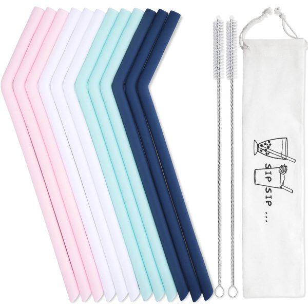 Bright and colorful silicone straws with travel bag and cleaning brushes, designed for tumblers and reusable drinking. 