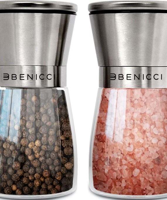 Stunning Stainless Salt & Pepper Grinders Set with Bonus Wood Spoon and Cleansing Brush