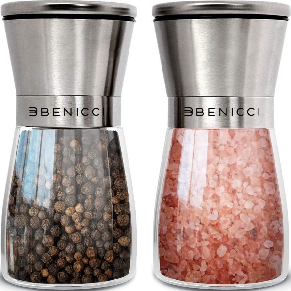 Stunning Stainless Salt & Pepper Grinders Set with Bonus Wood Spoon and Cleansing Brush