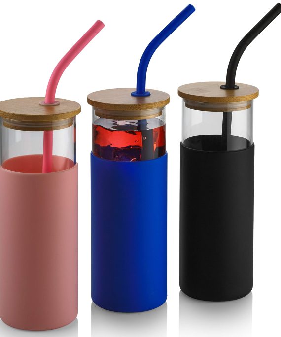 3 Pack 18oz Glass Tumblers with Lids and Straws