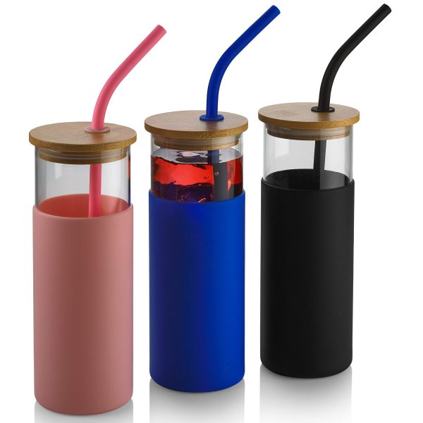 3 Pack 18oz Glass Tumblers with Lids and Straws