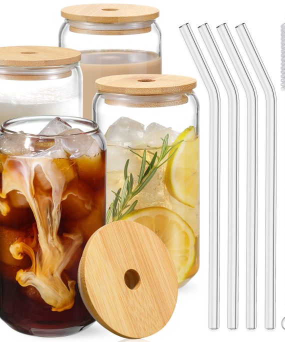 Drinking Glasses with Bamboo Lids and Glass Straw 4pcs Set
