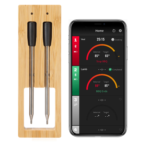Wireless Bluetooth meat thermometer with six stainless steel probes for grilling and oven use, IP67 waterproof design, and real-time temperature tracking via smartphone.