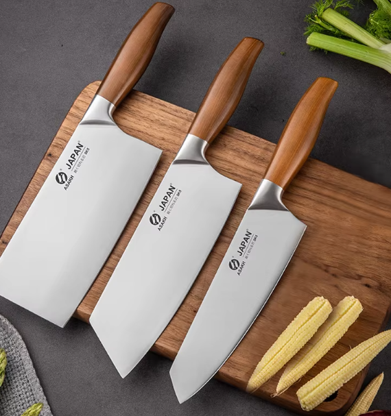 Japanese professional chef knife with a sharp stainless steel blade and ergonomic wooden handle, ideal for slicing meat, fish, and vegetables.