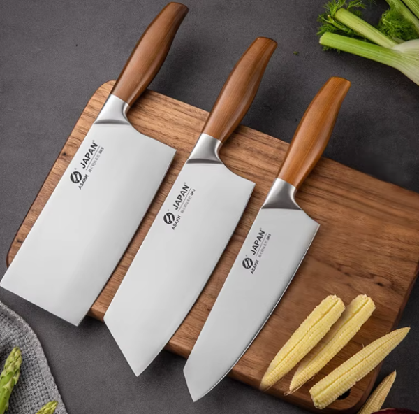 Japanese professional chef knife with a sharp stainless steel blade and ergonomic wooden handle, ideal for slicing meat, fish, and vegetables.