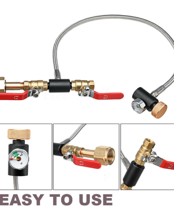 Image of a CO2 refill adapter with hose and pressure gauge, ideal for safe and efficient refilling of soda maker tanks.