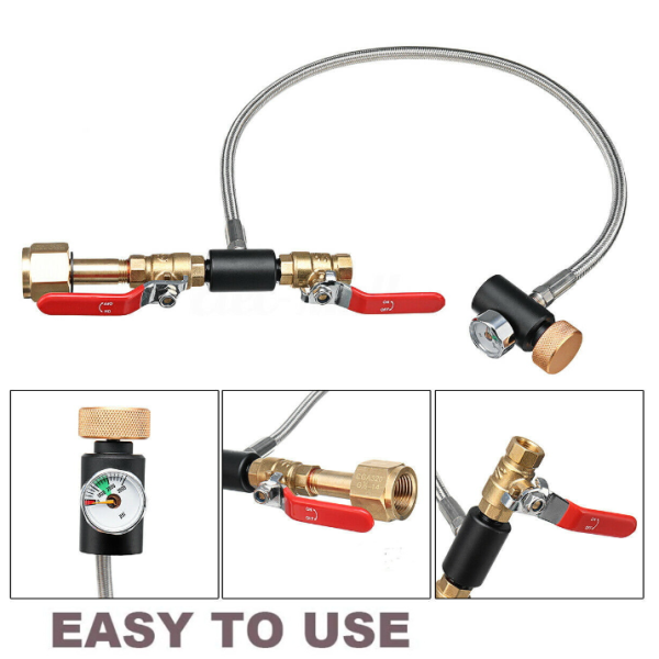 Image of a CO2 refill adapter with hose and pressure gauge, ideal for safe and efficient refilling of soda maker tanks.