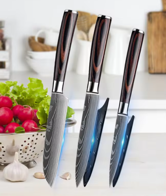 3-Piece Japanese Santoku Chef Knife Set with Laser Damascus pattern and ergonomic wooden handles for professional and home cooking.