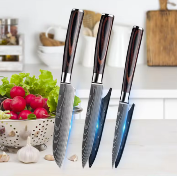 3-Piece Japanese Santoku Chef Knife Set with Laser Damascus pattern and ergonomic wooden handles for professional and home cooking.