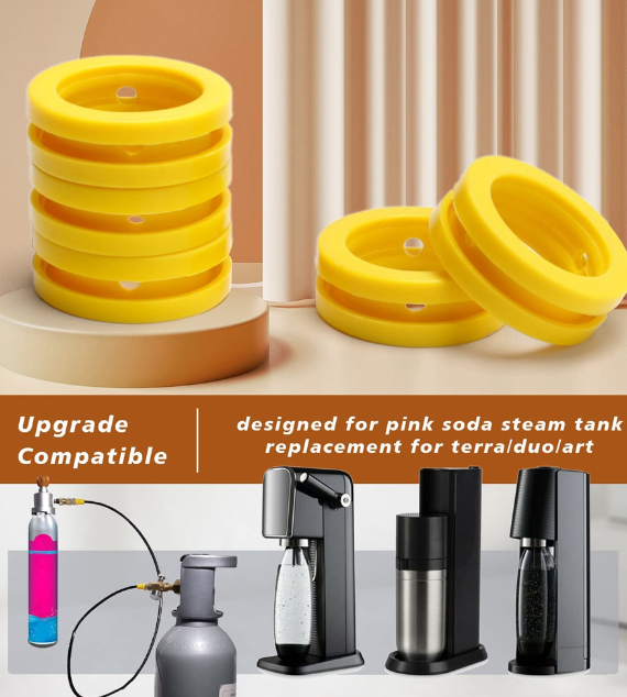 Close-up image of a yellow O-ring replacement gasket for Soda Stream DUO, Terra, and Art machines