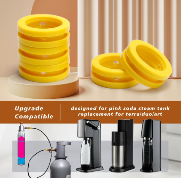 Close-up image of a yellow O-ring replacement gasket for Soda Stream DUO, Terra, and Art machines
