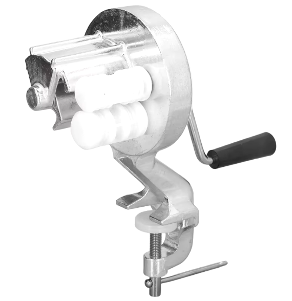 Stainless steel Cavatelli Maker with hand crank for homemade pasta, featuring a compact and durable design. 