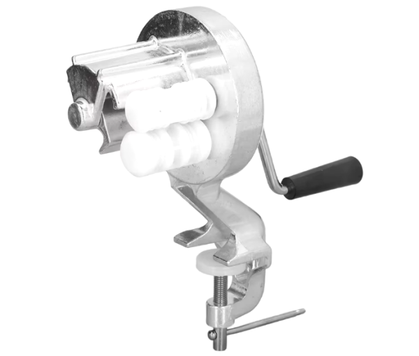 Stainless steel Cavatelli Maker with hand crank for homemade pasta, featuring a compact and durable design. 