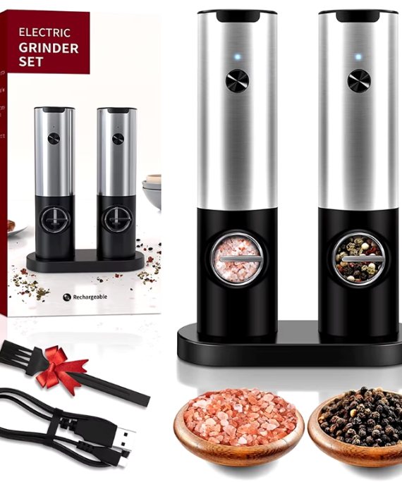 USB Rechargeable Electric Salt and Pepper Grinder with adjustable coarseness, perfect for effortless seasoning in any kitchen.