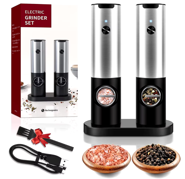 USB Rechargeable Electric Salt and Pepper Grinder with adjustable coarseness, perfect for effortless seasoning in any kitchen.